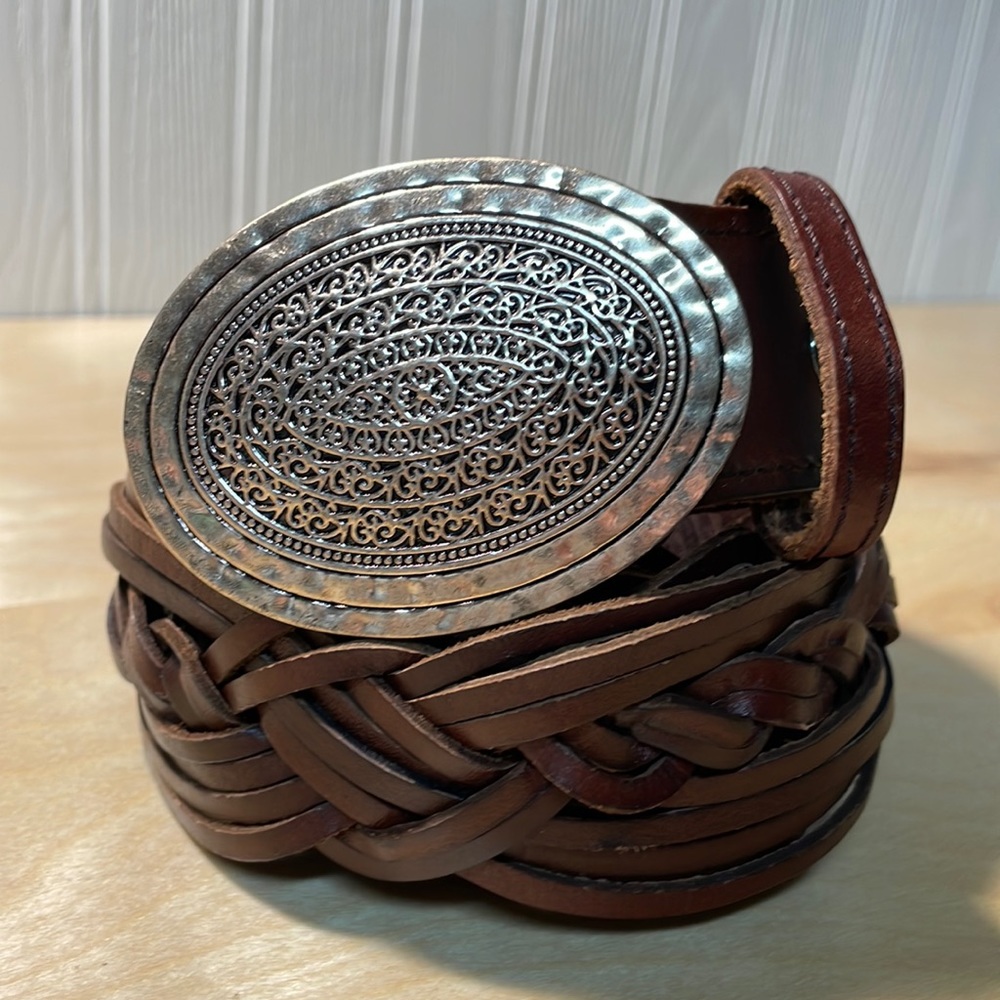 bud to rose Brown Braided Genuine Leather Belt With Big Oval Silver Tone Buckle